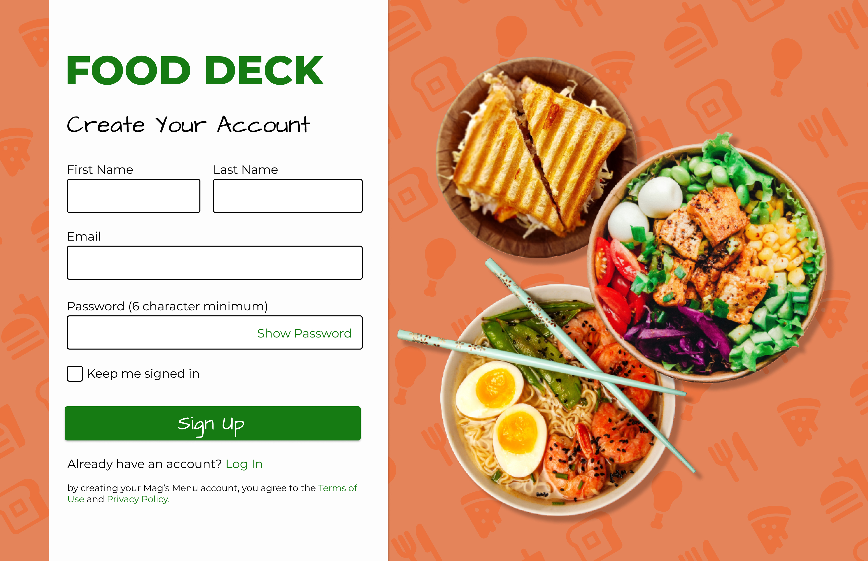 user interface of a sign up page for a food delivery service